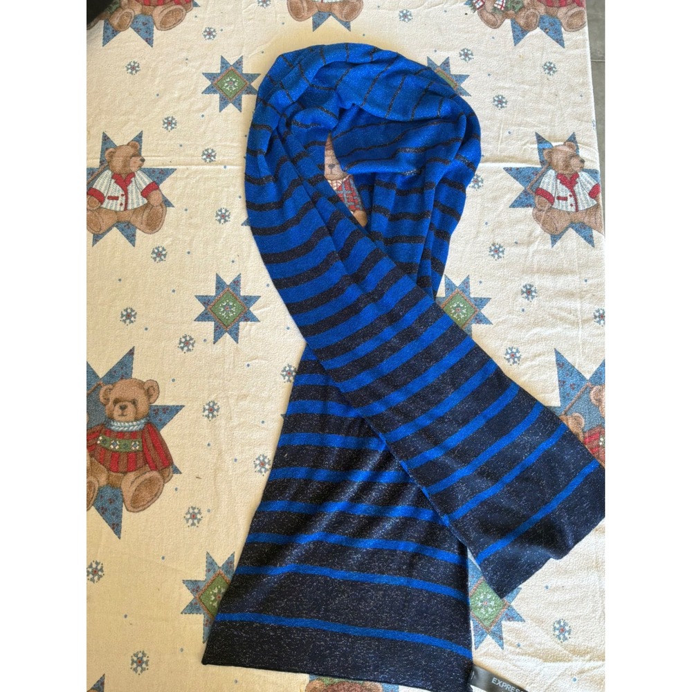 Indie Sleaze Womens Express Striped Metallic Knit Scarf OS Blue Black‎ 15937